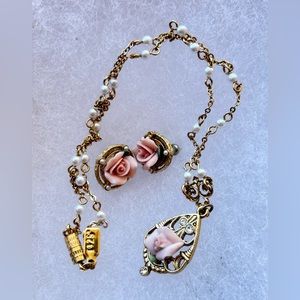 Vintage Pink Rose Necklace/Earring Set